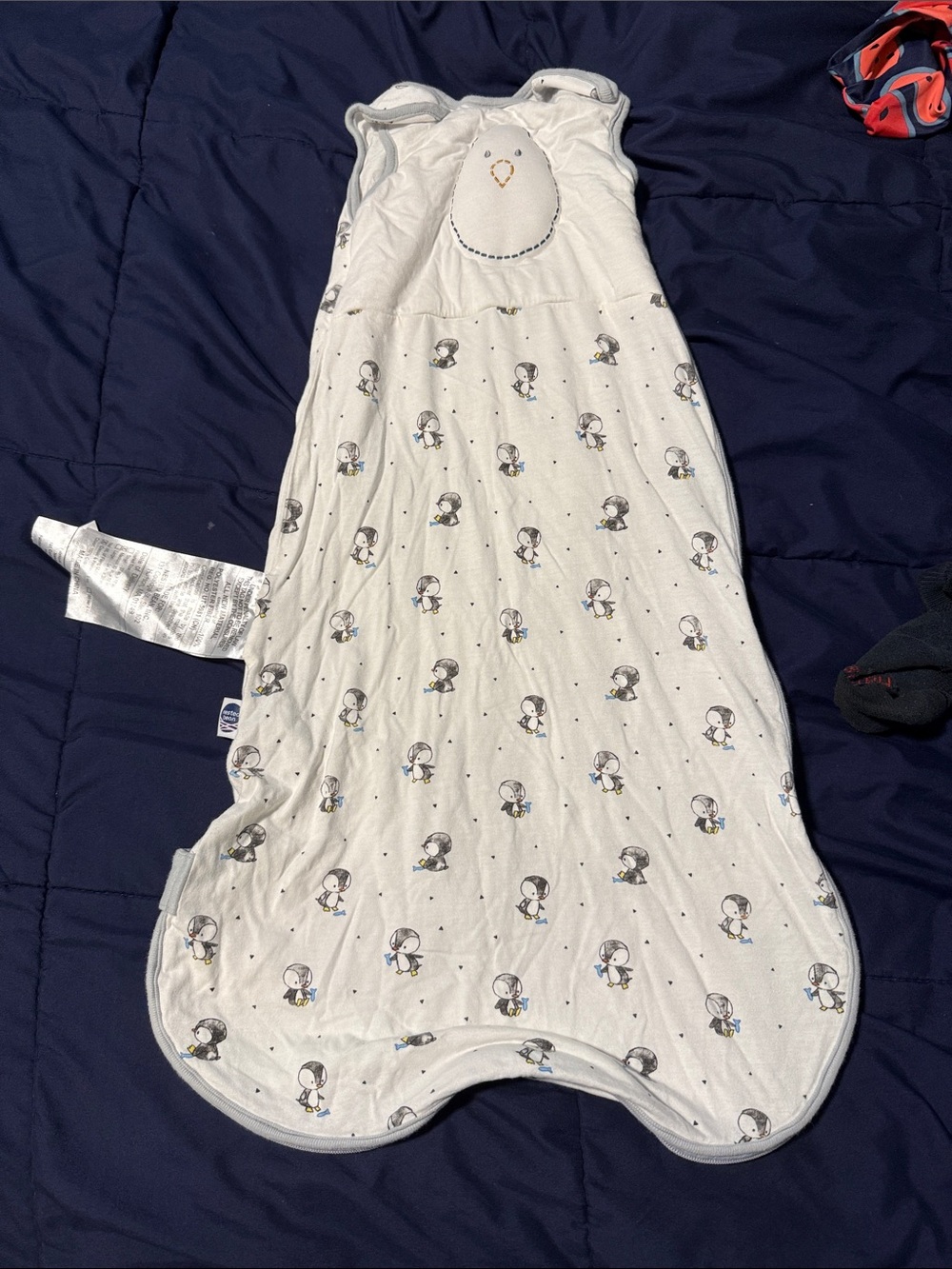 Nested Bean White Sleep Sack with Penguin and Light Gray Trim